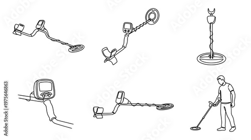 metal detector , six black Continuous Line Art (Single Line) vector set collection , white background , PNG and SVG
