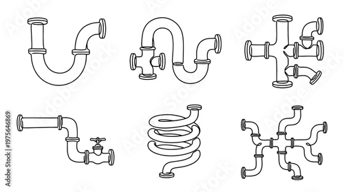 metal pipe , six black Continuous Line Art (Single Line) vector set collection , white background , PNG and SVG