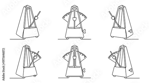 metronome , six black Continuous Line Art (Single Line) vector set collection , white background , PNG and SVG
