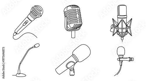 microphone , six black Continuous Line Art (Single Line) vector set collection , white background , PNG and SVG