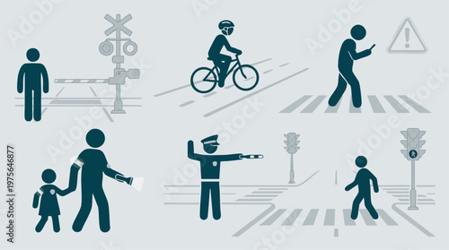Road safety illustrations for pedestrians, cyclists, and traffic rules