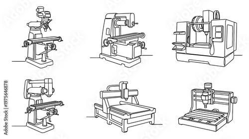 milling machine , six black Continuous Line Art (Single Line) vector set collection , white background , PNG and SVG