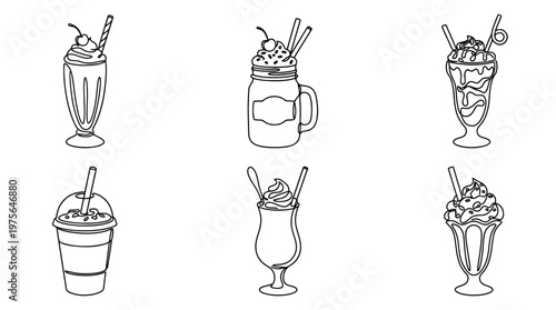 milkshake , six black Continuous Line Art (Single Line) vector set collection , white background , PNG and SVG