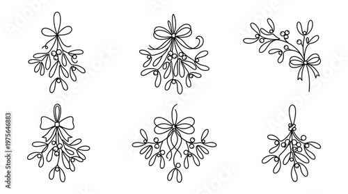 mistletoe , six black Continuous Line Art (Single Line) vector set collection , white background , PNG and SVG