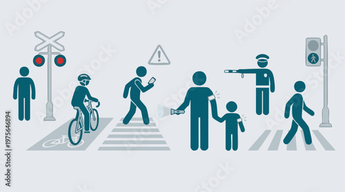 Urban Pedestrian and Cyclist Safety Guidelines and Traffic Rules Illustration
