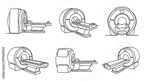 mri scanner , six black Continuous Line Art (Single Line) vector set collection , white background , PNG and SVG