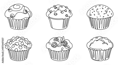 muffin , six black Continuous Line Art (Single Line) vector set collection , white background , PNG and SVG