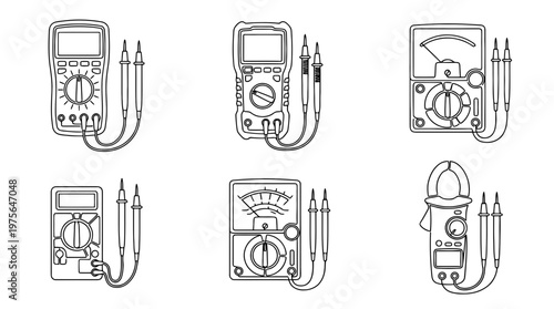 multimeter , six black Continuous Line Art (Single Line) vector set collection , white background , PNG and SVG