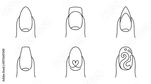 nail , six black Continuous Line Art (Single Line) vector set collection , white background , PNG and SVG