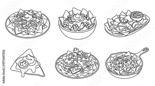 nacho , six black Continuous Line Art (Single Line) vector set collection , white background , PNG and SVG