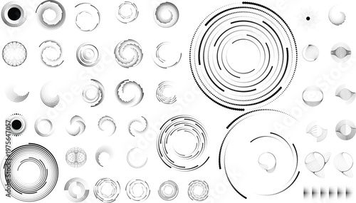 Abstract circular halftones element set, geometric dotted ring and spiral circle shapes for modern design, technology, or motion graphic backgrounds. Dotted round elements, radial spirals, and vortex.