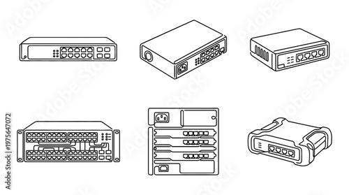 network switch , six black Continuous Line Art (Single Line) vector set collection , white background , PNG and SVG