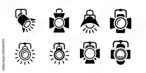 Studio Lighting Icon Set Vector Spotlights Stage Lights Film Equipment Outline Collection