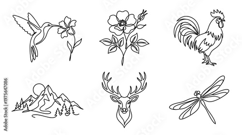 novel , six black Continuous Line Art (Single Line) vector set collection , white background , PNG and SVG