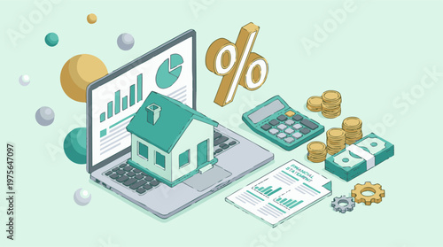 Isometric illustration of real estate investment, finance, and market analysis