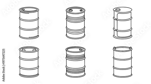 oil drum , six black Continuous Line Art (Single Line) vector set collection , white background , PNG and SVG