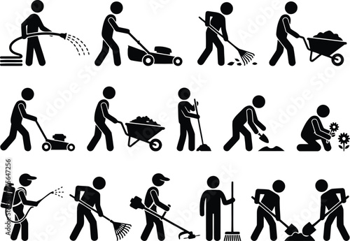 Gardening activities in a series of silhouettes vector illustration.