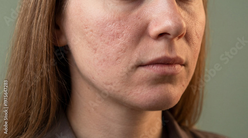 Close-up of a woman's face showing prominent acne scars and uneven skin texture. Highlights common skin imperfections