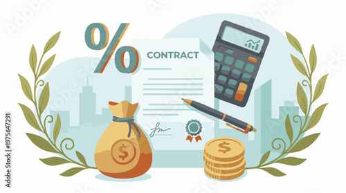 Financial contract, investment, and interest rate calculation concept