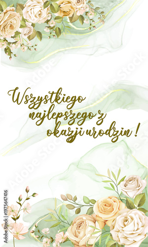 Kartka lub baner z życzeniami urodzinowymi w kolorze zielonym na biało-zielonym tle, z beżowymi i różowymi kwiatami po obu stronach.