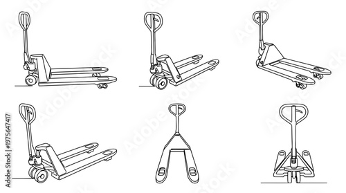 pallet jack , six black Continuous Line Art (Single Line) vector set collection , white background , PNG and SVG