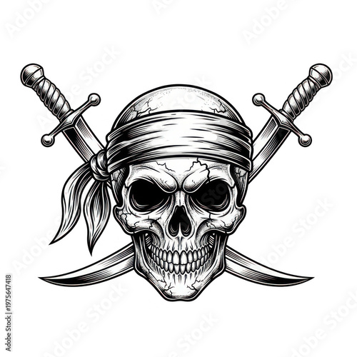 A skull with a bandana and two crossed swords isolated on transparent background