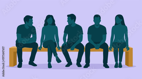 Minimalist illustration of diverse people sitting on a bench, social gathering