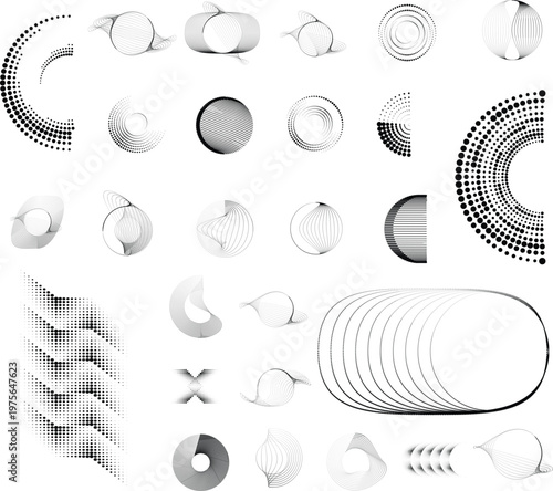 Abstract circular halftones element set, geometric dotted ring and spiral circle shapes for modern design, technology, or motion graphic backgrounds. Dotted round elements, radial spirals, and vortex.