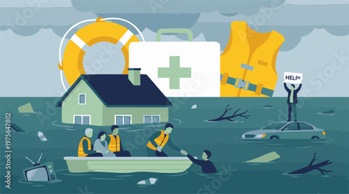 Emergency flood rescue operation saving people from submerged homes and cars