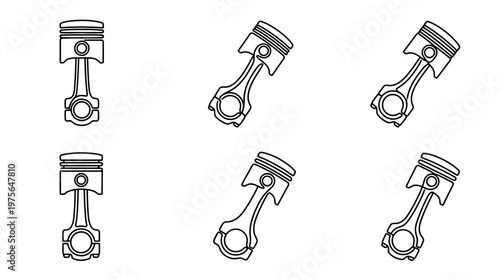 piston , six black Continuous Line Art (Single Line) vector set collection , white background , PNG and SVG