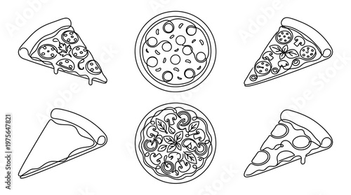 pizza , six black Continuous Line Art (Single Line) vector set collection , white background , PNG and SVG