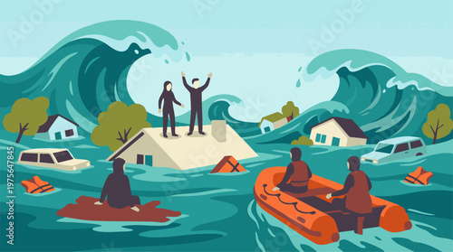 Illustration of people caught in a flood or tsunami seeking rescue
