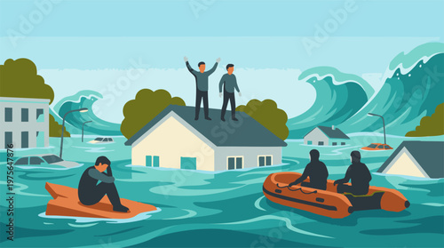 Flood disaster illustration: People stranded, seeking help, and rescue efforts