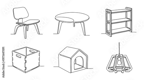 plywood , six black Continuous Line Art (Single Line) vector set collection , white background , PNG and SVG