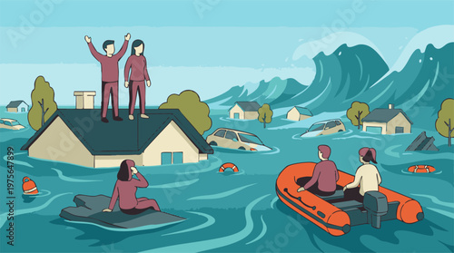 People affected by flood and tsunami natural disaster, needing rescue