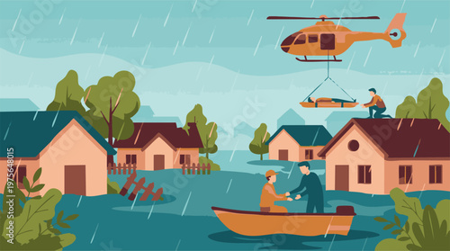 Flood disaster relief: Helicopter and boat rescue people from submerged town