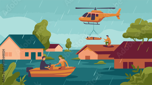 Flood rescue operation with helicopter and boat in flooded town