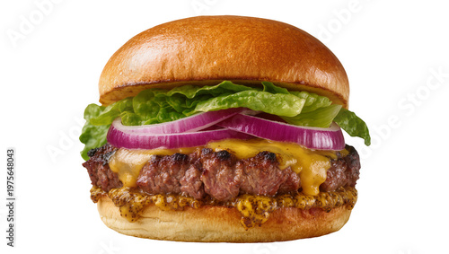Juicy beef burger with melted cheese red onion and lettuce, isolated on transparent background