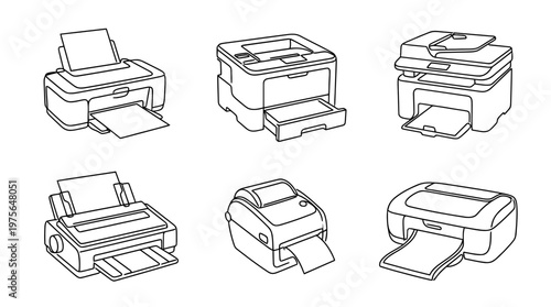 printer , six black Continuous Line Art (Single Line) vector set collection , white background , PNG and SVG