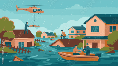 Flood rescue operation with helicopter and boat saving people from submerged houses
