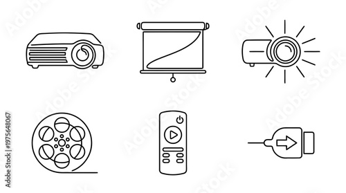 projector , six black Continuous Line Art (Single Line) vector set collection , white background , PNG and SVG