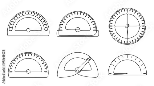 protractor , six black Continuous Line Art (Single Line) vector set collection , white background , PNG and SVG
