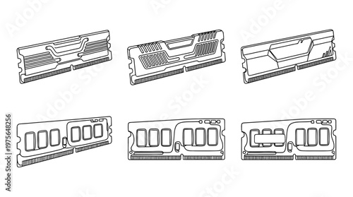 ram stick , six black Continuous Line Art (Single Line) vector set collection , white background , PNG and SVG