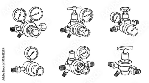 regulator , six black Continuous Line Art (Single Line) vector set collection , white background , PNG and SVG