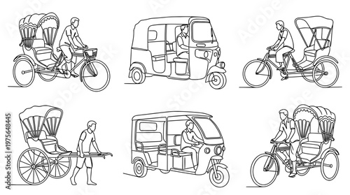 rickshaw , six black Continuous Line Art (Single Line) vector set collection , white background , PNG and SVG