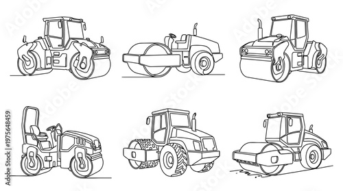 road roller , six black Continuous Line Art (Single Line) vector set collection , white background , PNG and SVG
