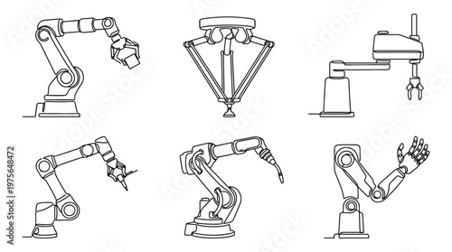 robotic arm , six black Continuous Line Art (Single Line) vector set collection , white background , PNG and SVG