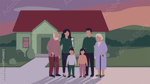 Multi-generational family standing together in front of their house at dusk