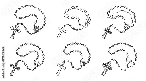 rosary , six black Continuous Line Art (Single Line) vector set collection , white background , PNG and SVG