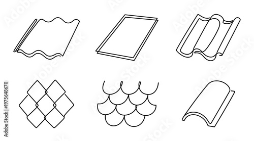 roof tile , six black Continuous Line Art (Single Line) vector set collection , white background , PNG and SVG